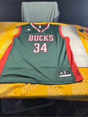 adidas Green and Red Milwaukee Bucks #34 Basketball Jersey